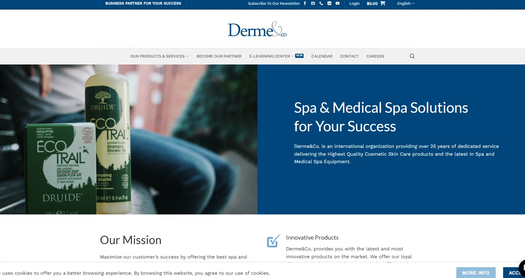 Derme&Co webpage showcasing Eco Trail products and spa solutions. Featuring a bottle and box of organic shampoo and soap.